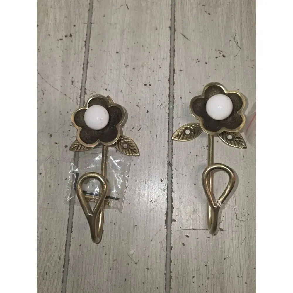Anthropologie Nena Brass Towel Bar & 2 Gold Bath Hooks Flower Ends With Pearls